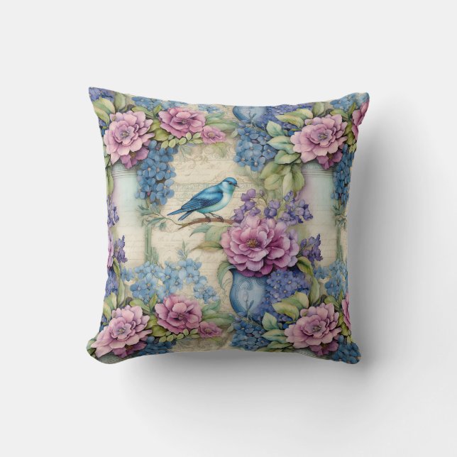 Almofada Serenata Vintage Blue Bird e Flores (Frente)