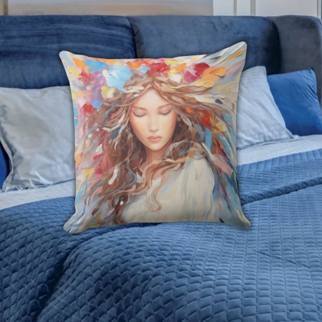 Almofada Serene Abstrato Angel Travesseiro - Artística vibr (Serene Bright Colorful Angel Abstract Pillows on a Blue Bed Free Spirit Vibe for Any Age)