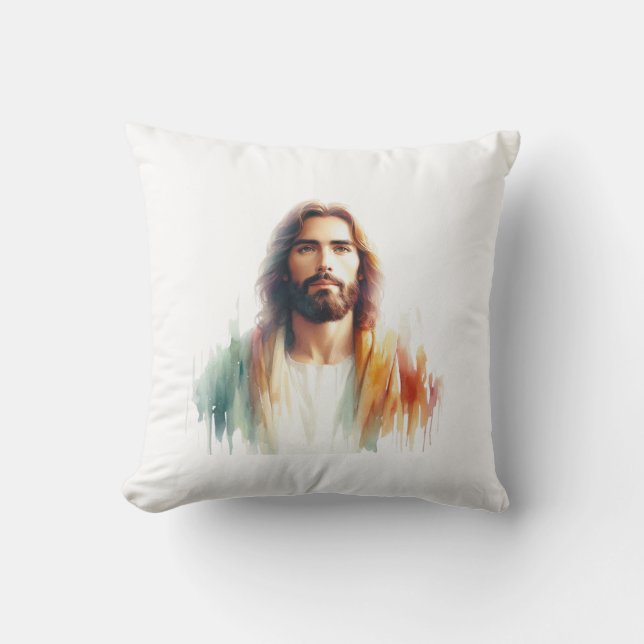 Almofada Serene Watercolor Jesus Christ Portrait – Spiritua (Frente)