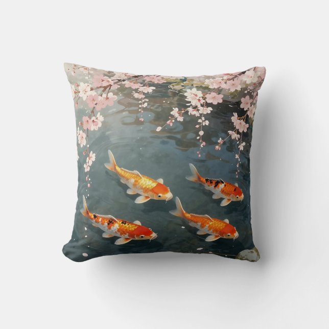 Almofada Serenidade do Lago de Koi com Flor de Cerejeira (Frente)