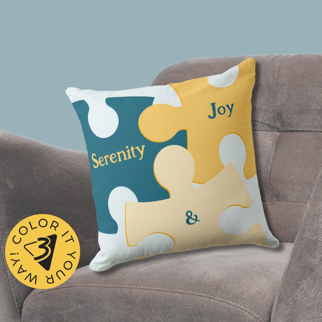 Almofada Serenidade e alegria Quebra-cabeça azuis e amarela (Serenity & Joy Blue & Yellow Puzzle Pieces Throw Pillow)