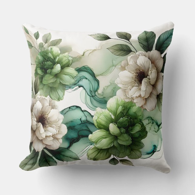 Almofada "Serenidade Verdante: Arte Floral Abstrato Verde" (Frente)