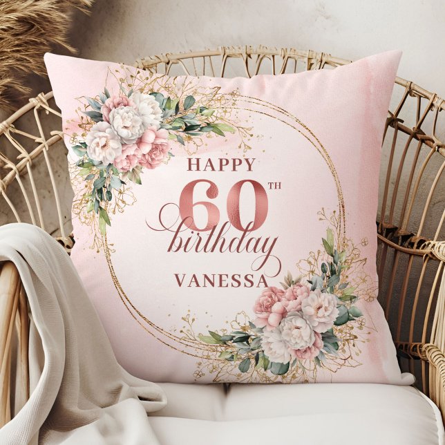 Almofada Sereno Pó Rosa Eucalipto Boho 60º aniversário  (Serene Dusty Pink Eucalyptus Boho 60th birthday pillow)
