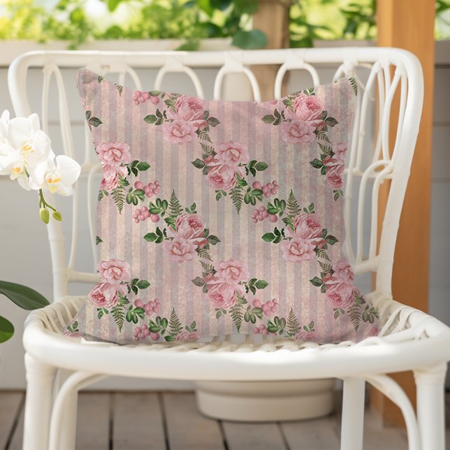 Almofada Shabby Chic Floral Grunge Listras Rosa (Criador carregado)