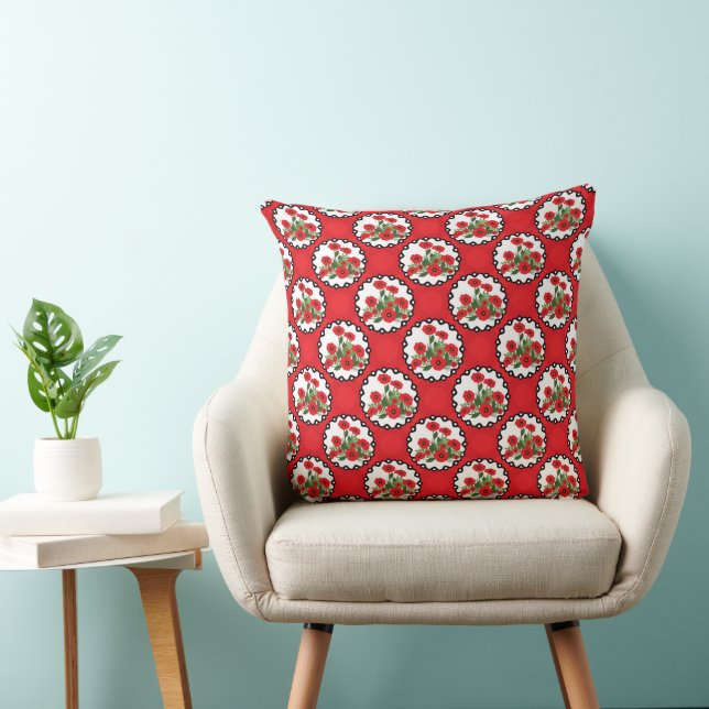 Almofada Shabby Chic Vermelho, Amapolas Pretas & Brancas (Cadeira)