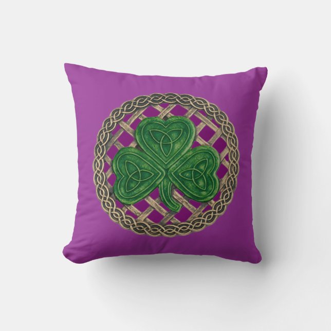 Almofada Shamrock Roxo E Nódulos Celtais Travesseiro Revers (Frente)