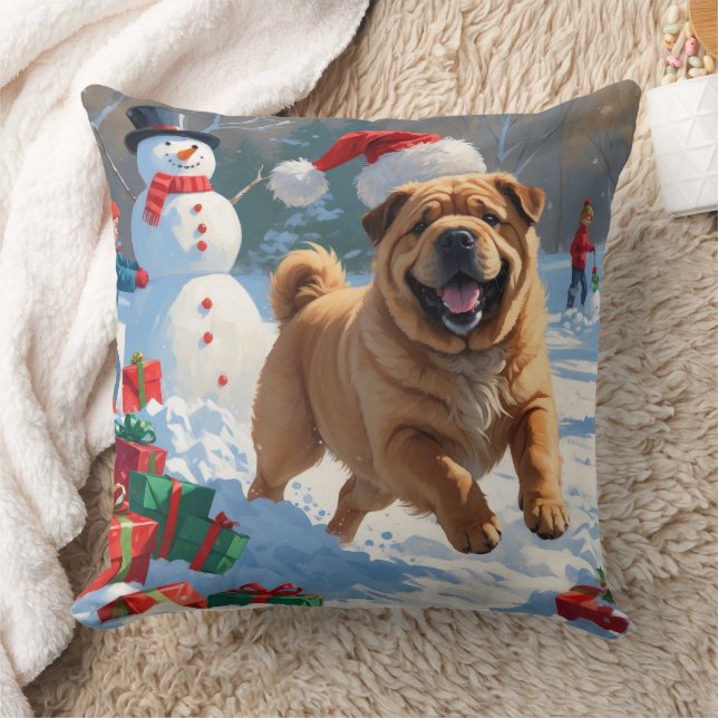 Almofada Shar Pei Correndo na Neve com Chapéu de Natal (Cobertor)