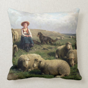 Almofada Shepherdess com carneiros em uma paisagem