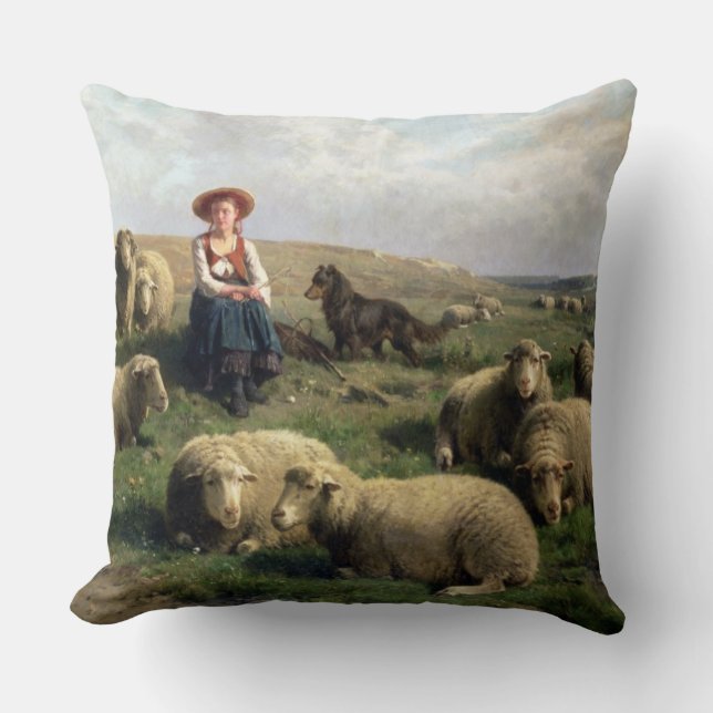 Almofada Shepherdess com carneiros em uma paisagem (Frente)