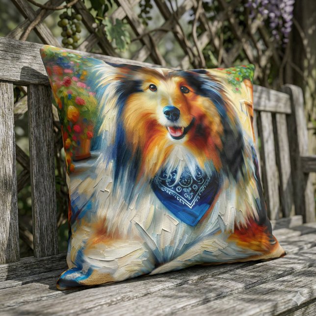 Almofada Shetland Sheepdog na cena do Jardim de Algodão (Shetland Sheepdog in Cottage Garden Scene Throw Pillow Mockup A)