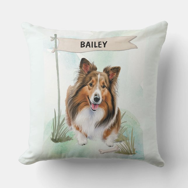 Almofada Shetland Sheepdog Watercolor Personalized Dog (Frente)