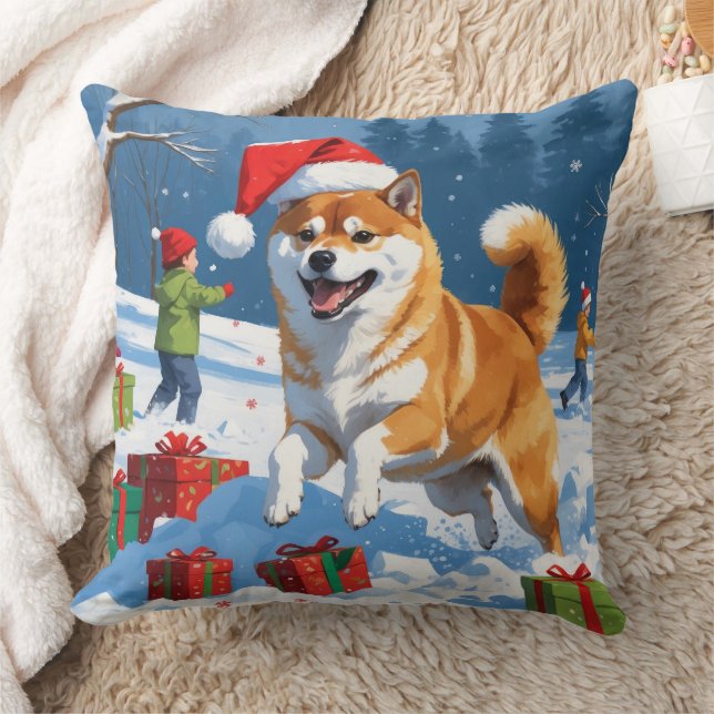 Almofada Shiba Inu Correndo na Neve com Chapéu de Natal (Cobertor)