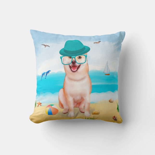 Almofada Shiba Inu Dog em Praia (Frente)