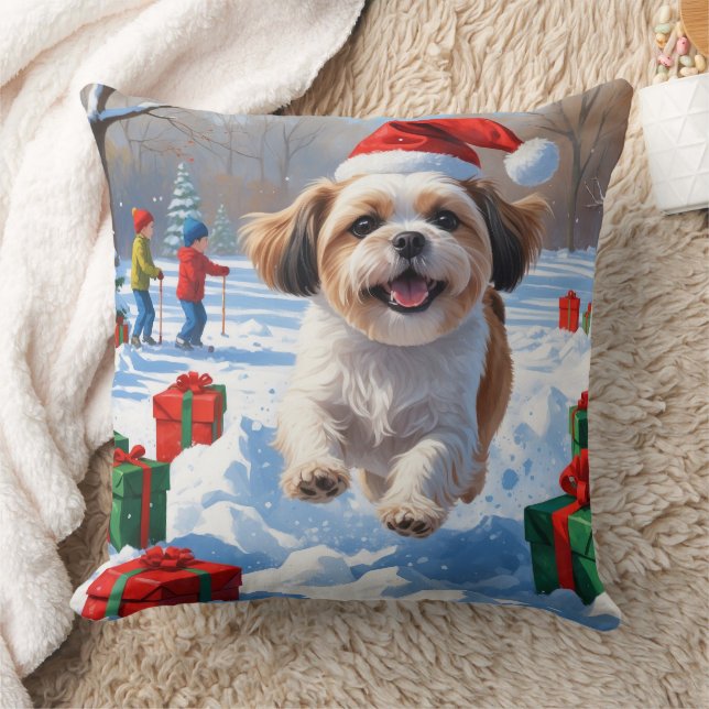 Almofada Shih Tzu Correndo na Neve com Chapéu de Natal (Cobertor)