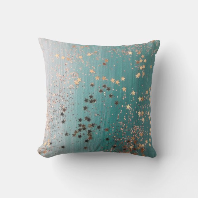 Almofada Shimmery Dourado Stars on Teal  (Frente)