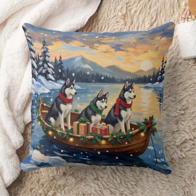 Almofada Siberian Husky Christmas Boat Holiday (Cobertor)