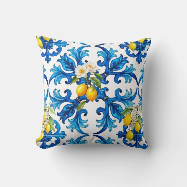 Almofada Siciliano,verão,limão,mosaico,azul,cachecol (Frente)