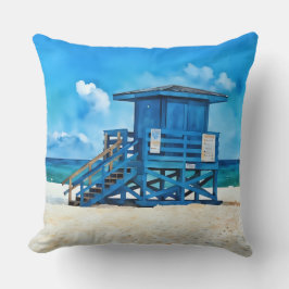 Almofada Siesta Key Beach Blue Lifeguard Tower Pillow