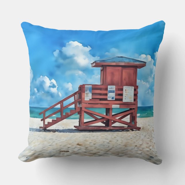 Almofada Siesta Key Beach Red LifeGuard Tower Pillow (Frente)