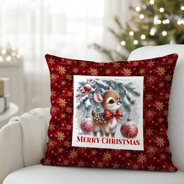 Almofada Silent winter scene snowy baby fawn Christmas  (Silent winter scene snowy baby fawn Christmas pillow)