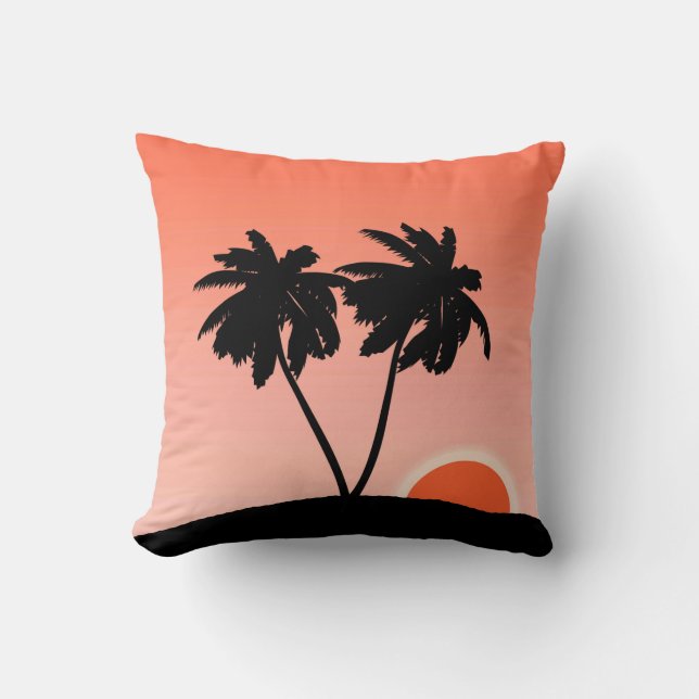Almofada Silhueta de árvore de palma, Fundo laranja sunset (Frente)