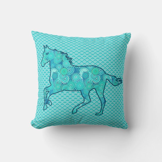 Almofada Silhueta de Cavalo Corrente, Turquesa e Aqua (Frente)