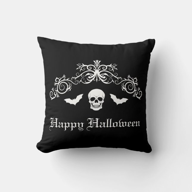 Almofada Silhueta de Caveira e Morcegos Feliz Halloween Pre (Frente)