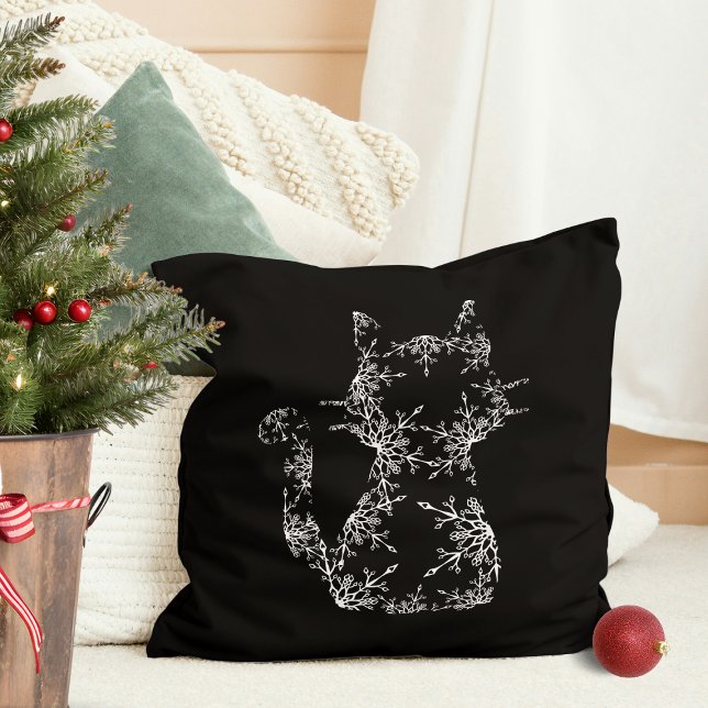 Almofada Silhueta de Gato Floco de Neve Branco (White Snowflake Cat Silhouette Throw Pillow)