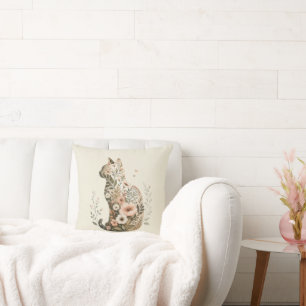Almofada Silhueta de Gato Floral Boho Flor Silvestre