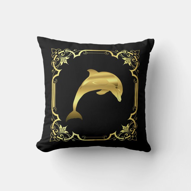 Almofada Silhueta de salto náutico de golfinhos/ouro/preto (Frente)