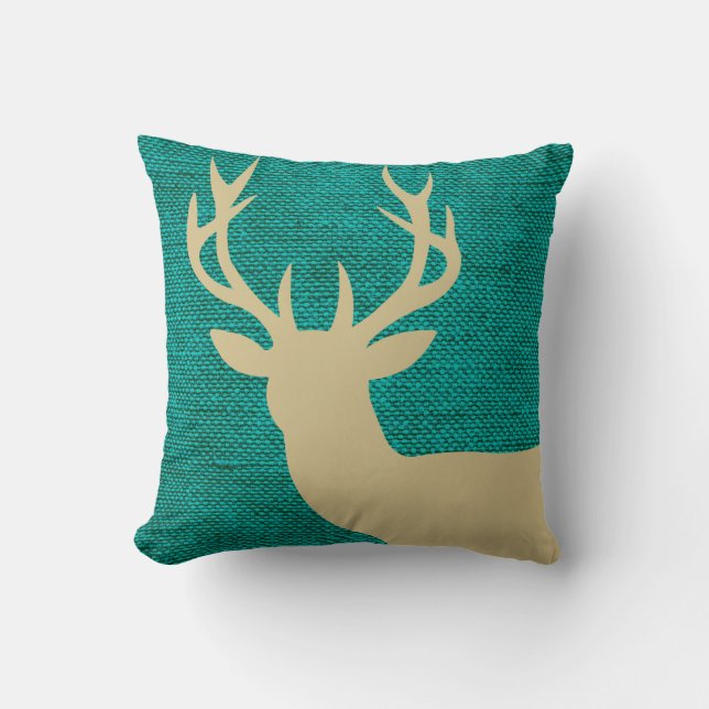 Almofada Silhueta Rustic Deer Head no Burlap| Turquesa (Frente)