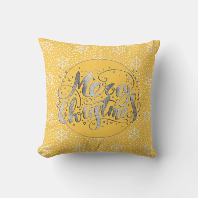 Almofada Silver Amarelo Quente Floco de Neve Branco Feliz N (Frente)