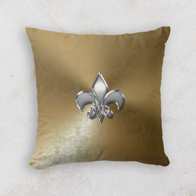 Almofada Silver Fleur-De-Lis no Dourado Damasco (Criador carregado)