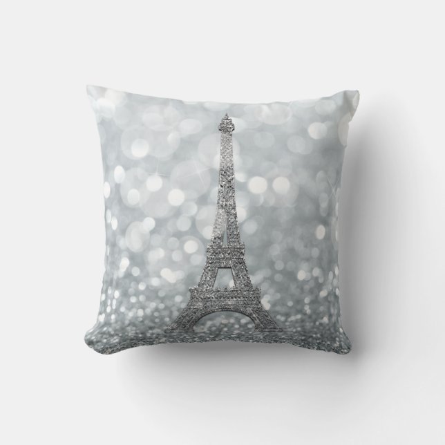 Almofada Silver Glitter Sparkle Paris Eiffel Tower Glam (Frente)