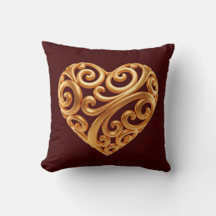 Almofada Símbolo Borgonha do Coração Dourado do Amor