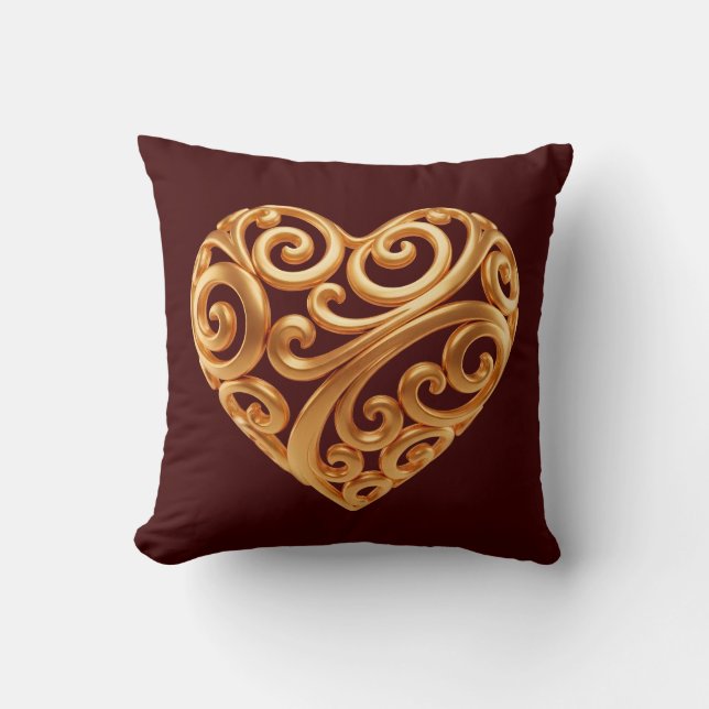 Almofada Símbolo Borgonha do Coração Dourado do Amor (Frente)