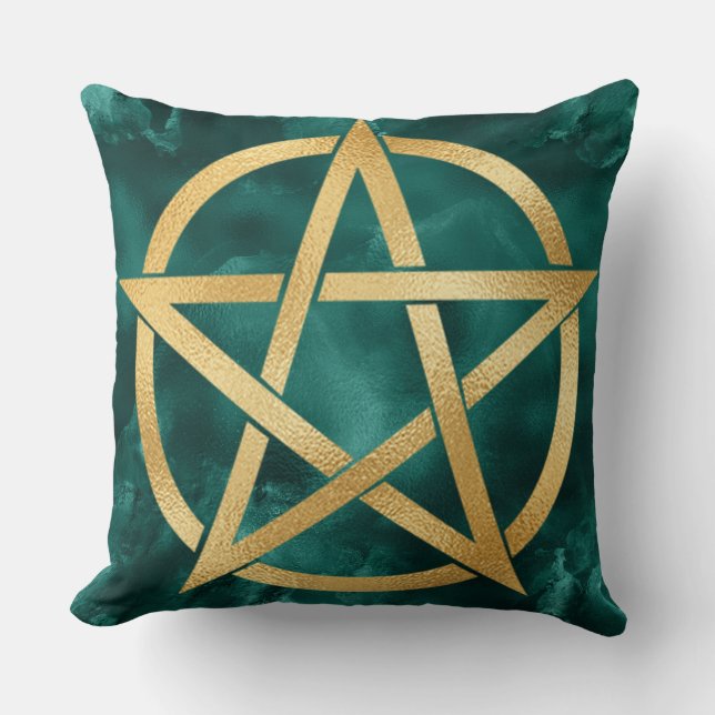 Almofada Símbolo de Pentagrama Dourado no Verde (Frente)