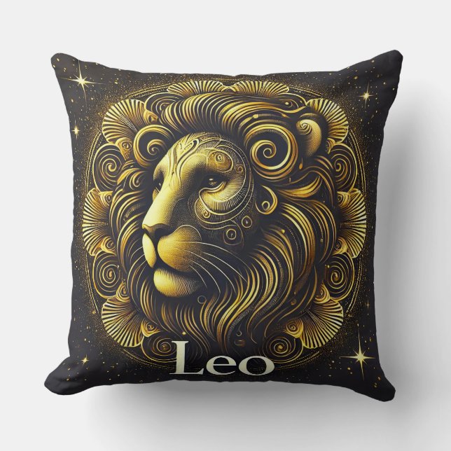 Almofada Símbolo do Leão Dourado Representando Força, Zodía (Frente)