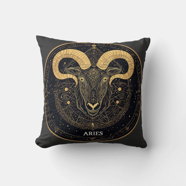 Almofada Símbolo do Zodíaco Áries Dourado Com Ornamentos (Frente)