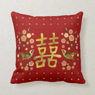 Almofada Símbolo Dourado de Dupla Felicidade com flores e p