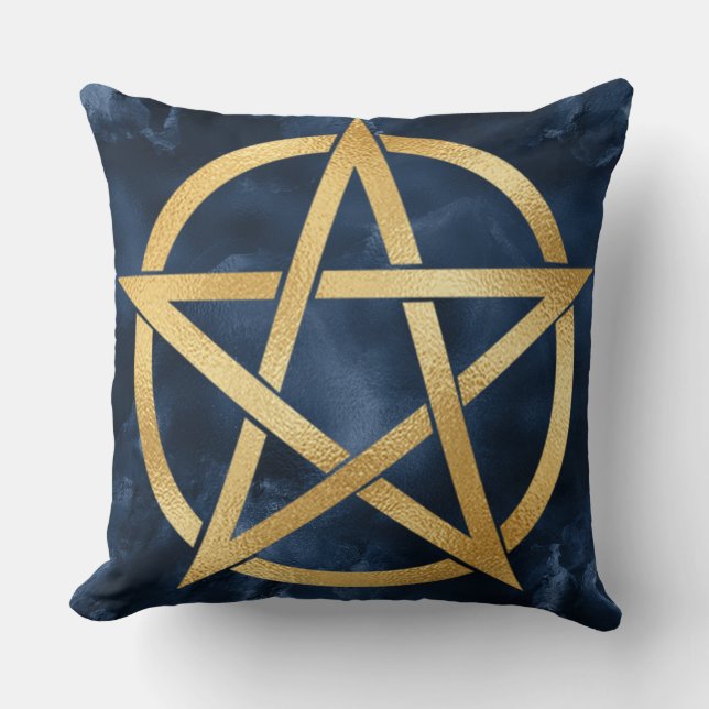 Almofada Símbolo Dourado do Pentagrama em Azul (Frente)