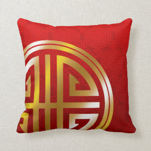 Almofada Símbolo Oriental de Vida Longa ouro vermelho