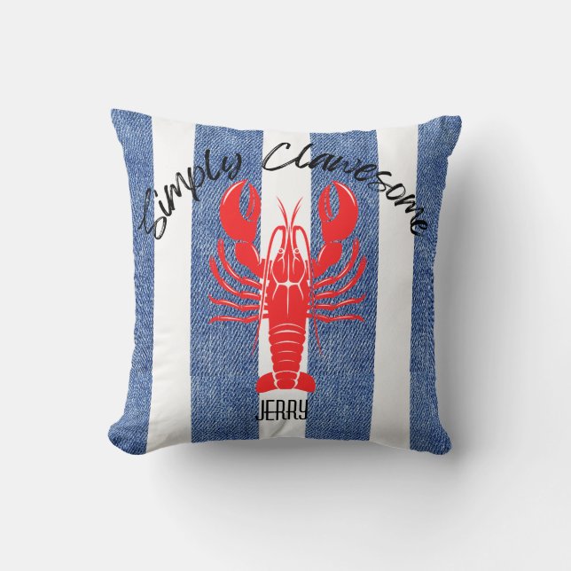 Almofada "SIMPLESMENTE UNHADAS" Red Lobster em Listras de J (Frente)