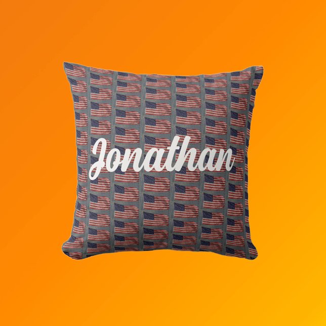 Almofada Sinalizador Patriótico Americano Arte Seu Nome Tex (Front with Background)