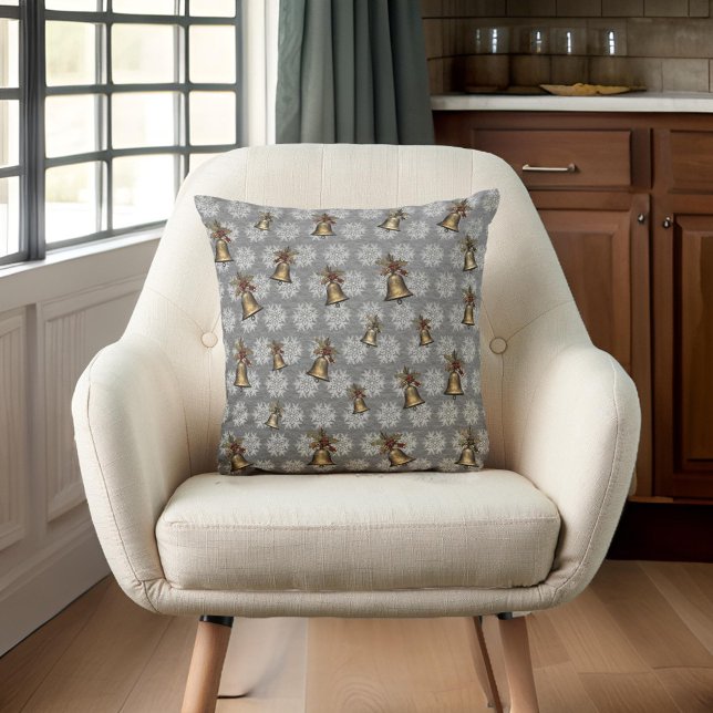 Almofada Sinos Antigos e Flocos de Neve em Cinzas de Aço (Criador carregado)