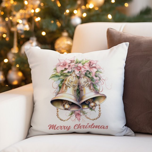 Almofada Sinos de Natal Dourados com Flores Rosas ("Merry Christmas" bells and pink flowers decorator pillow)