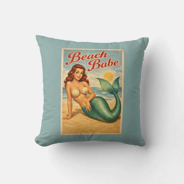 Almofada Sirene Pin-Up Babe Retrô Vida Costeira Azul (Frente)
