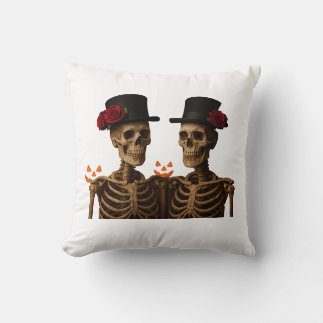 Almofada Skeletons Elegantes com Rosas - Dia das Bruxas Gót (Frente)