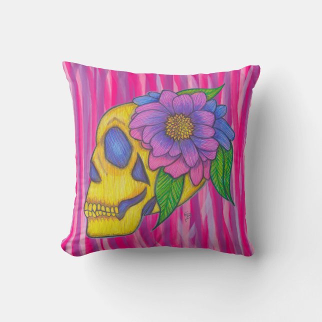 Almofada Skull Print Pillow With Yellow Pink Purple  (Frente)