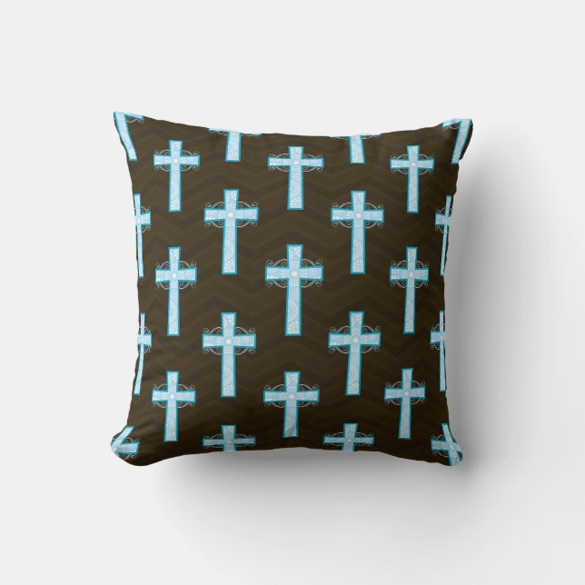 Almofada Sky Blue Cross em Brown Chevron (Frente)